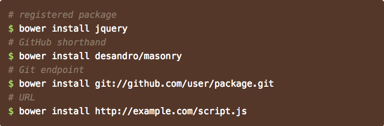 Bower Install Examples from http://bower.io/